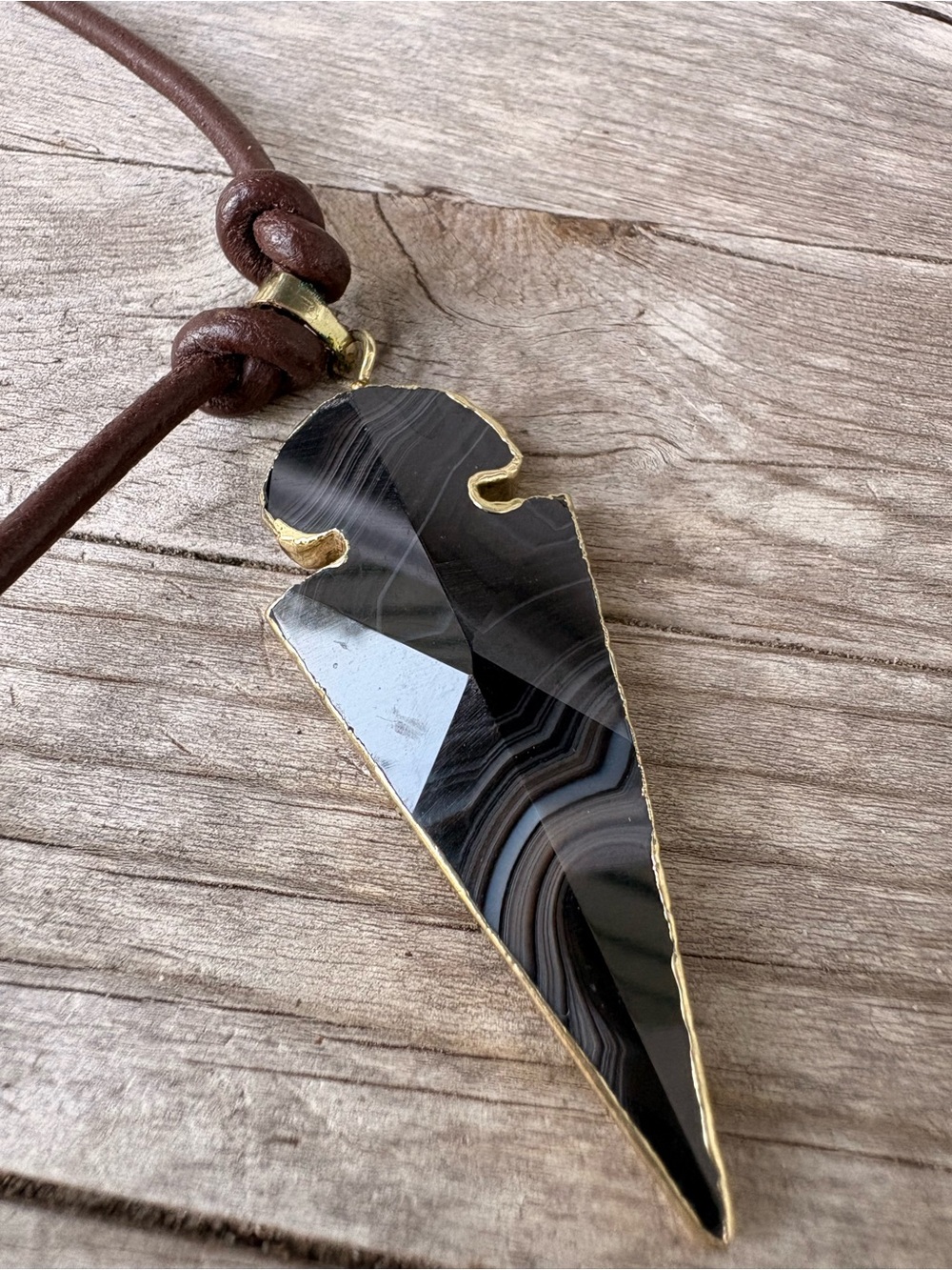 Agate Arrowhead Pendant Necklace with Brown Leather Cord